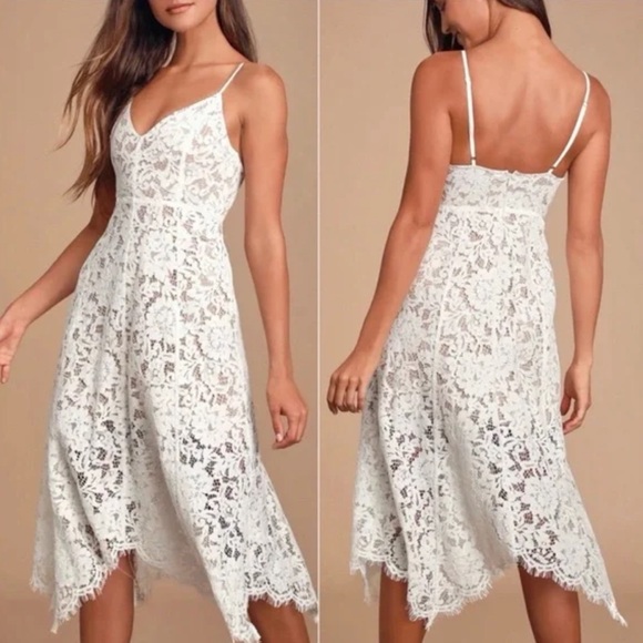 Lulus Dresses & Skirts - LULU’S One‎ Wish White Lace Midi Dress Handkerchief Hem Women’s Sz Small NEW